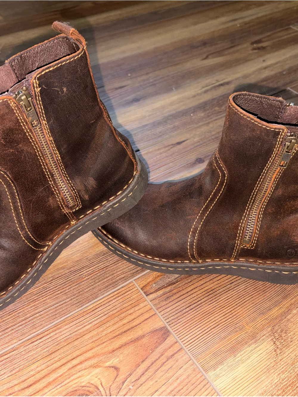 Born Women’s Brown Distressed Leather Ankle Booties with Side Zips - Picture 2 of 8